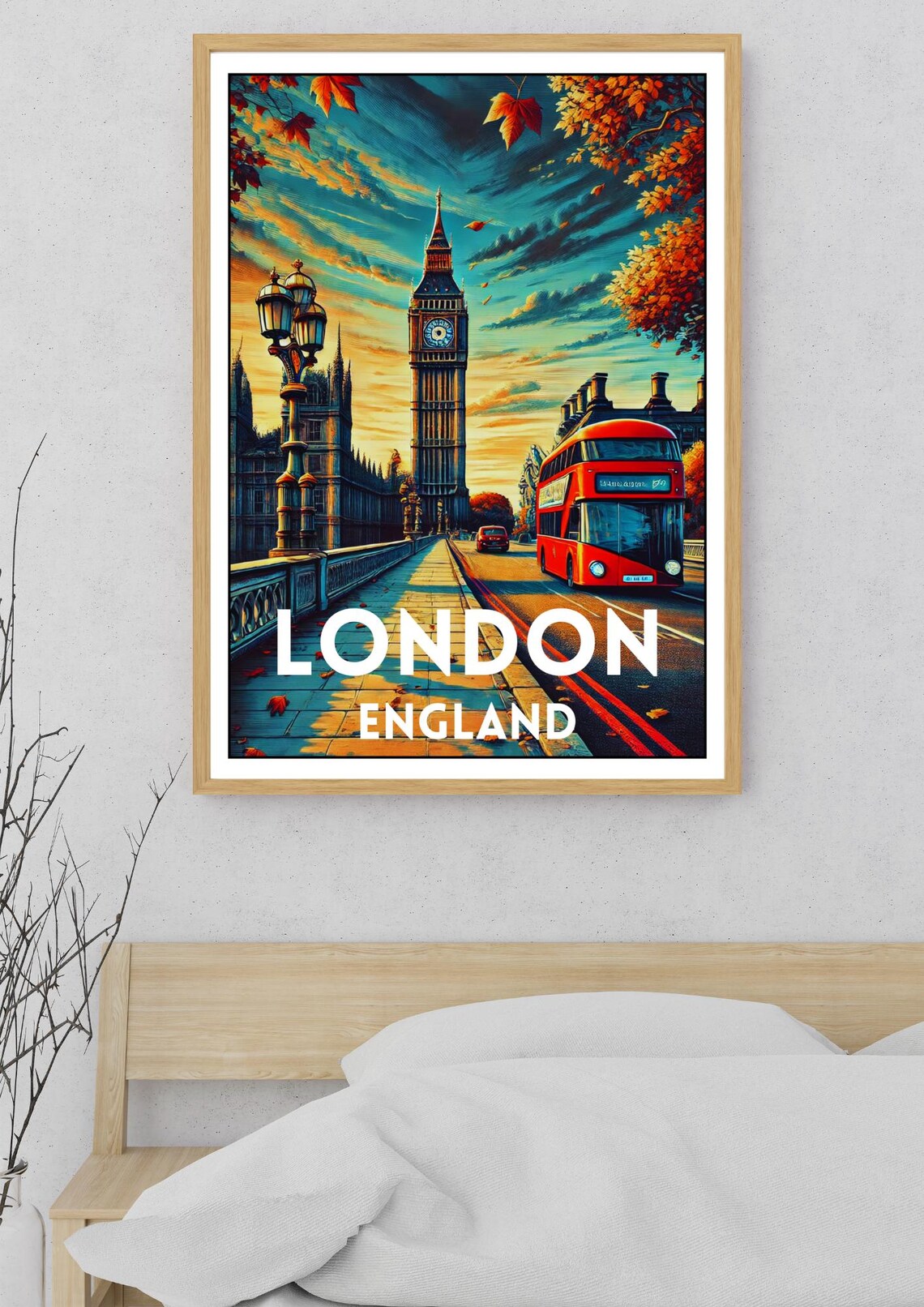 London England Big Ben Red Double Decker Bus Autumn Vintage Poster - Image 5