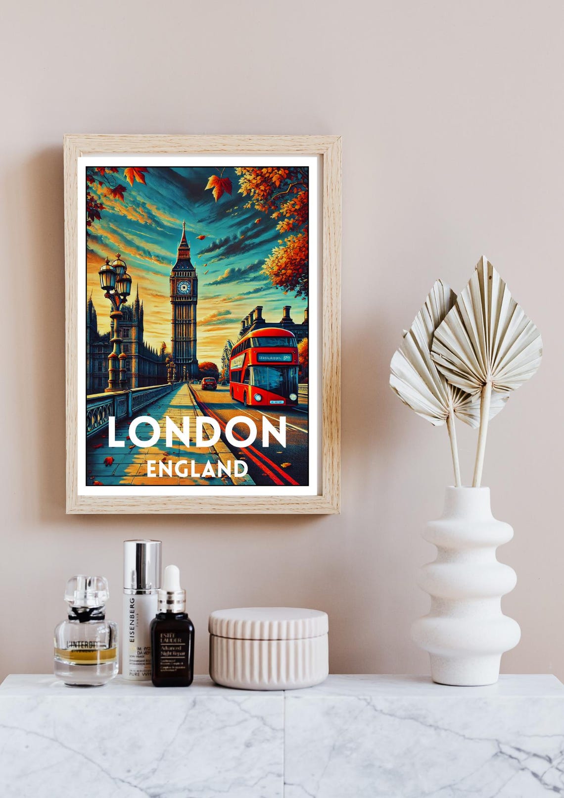 London England Big Ben Red Double Decker Bus Autumn Vintage Poster - Image 4