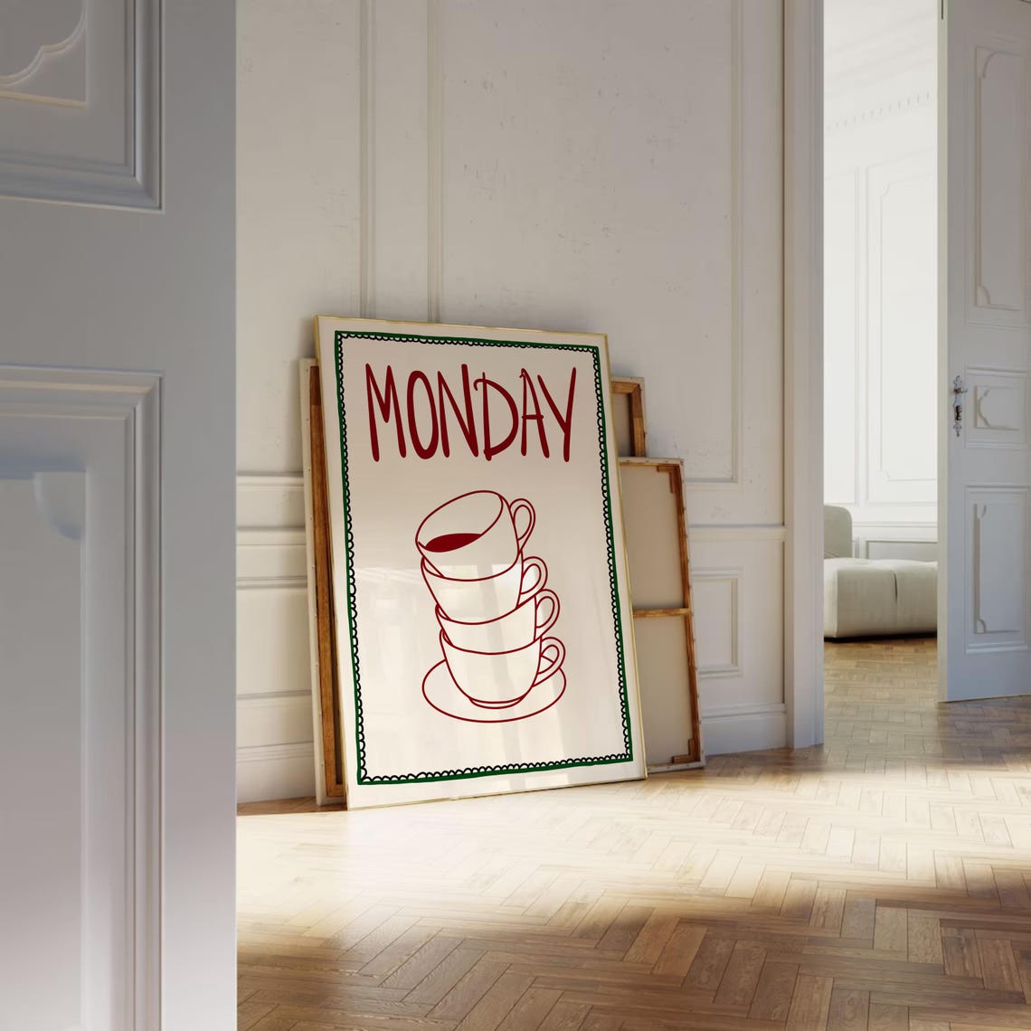 Monday Coffee Cups Red Hand Lettered Kitchen Poster for Coffee Lovers - Image 3