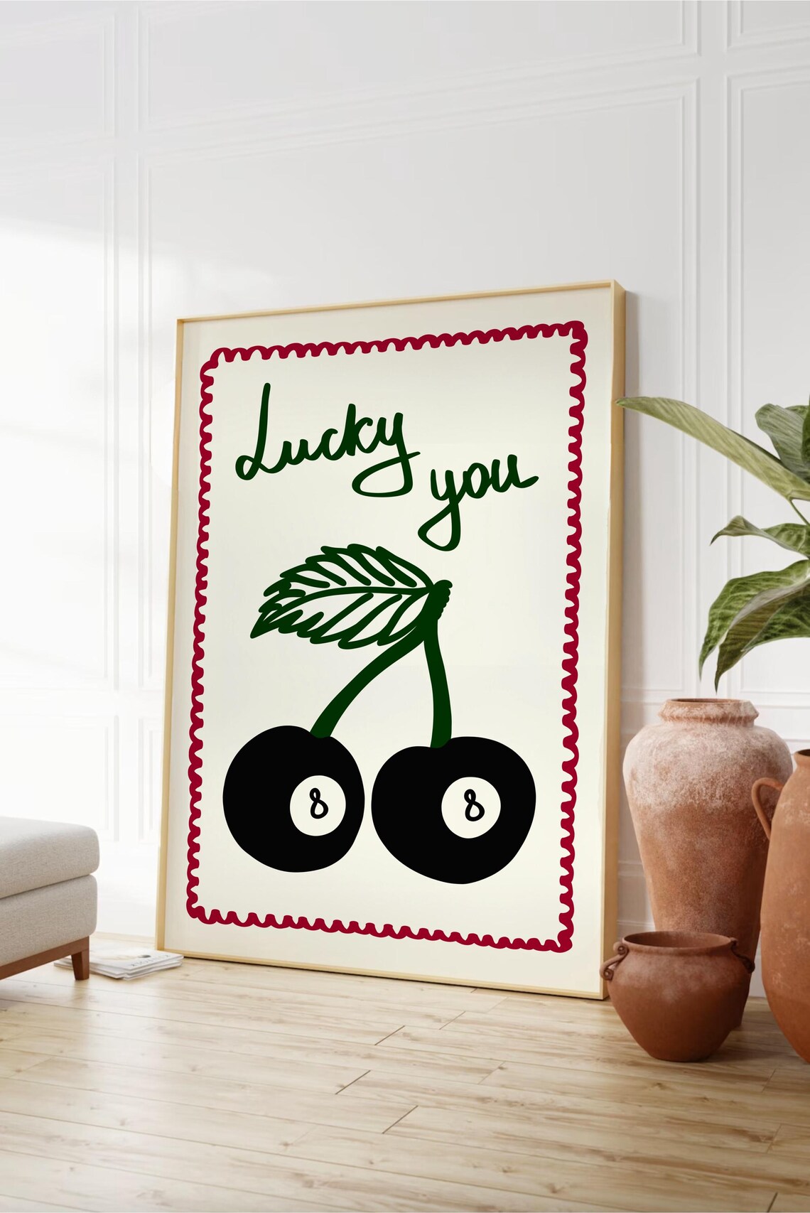 Lucky You Cherry 8 Ball Retro Scalloped Border Playful Poster - Image 2