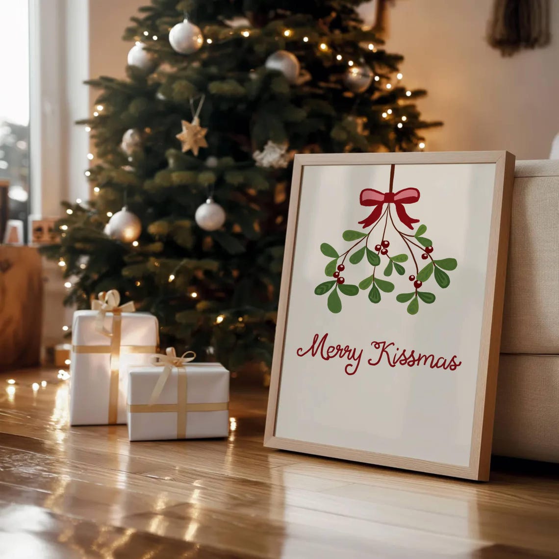 Merry Kissmas Hanging Mistletoe Red Bow Script Christmas Poster - Image 2