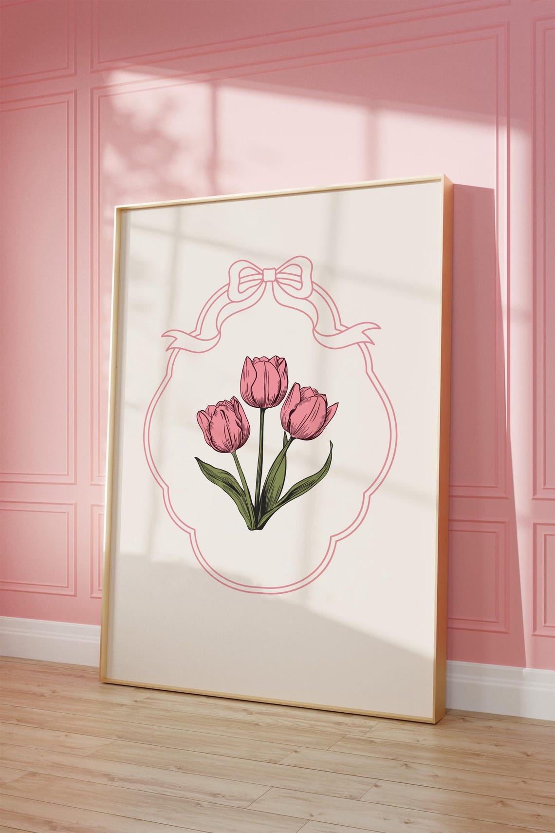 Pink Tulip Botanical Illustration with Pink Ribbon Bow Frame Poster - Image 2
