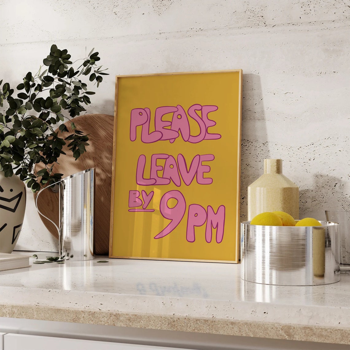 Please Leave By 9pm Funny Pink Bubble Letter Yellow Quote Poster - Image 3