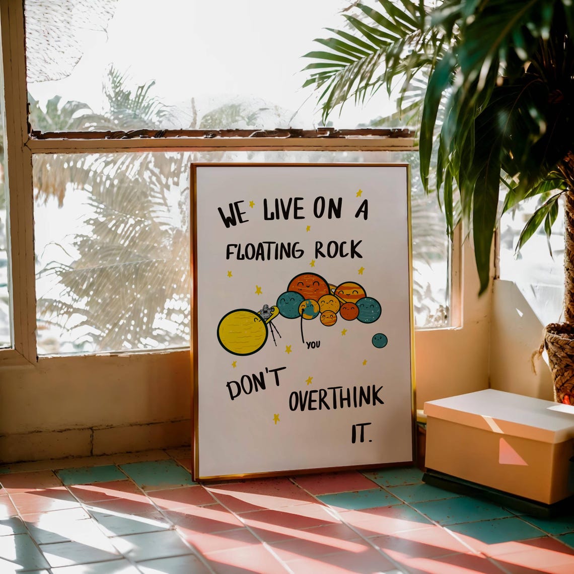 Don't Overthink It Floating Rock Cute Planets Quote Space Poster - Image 3