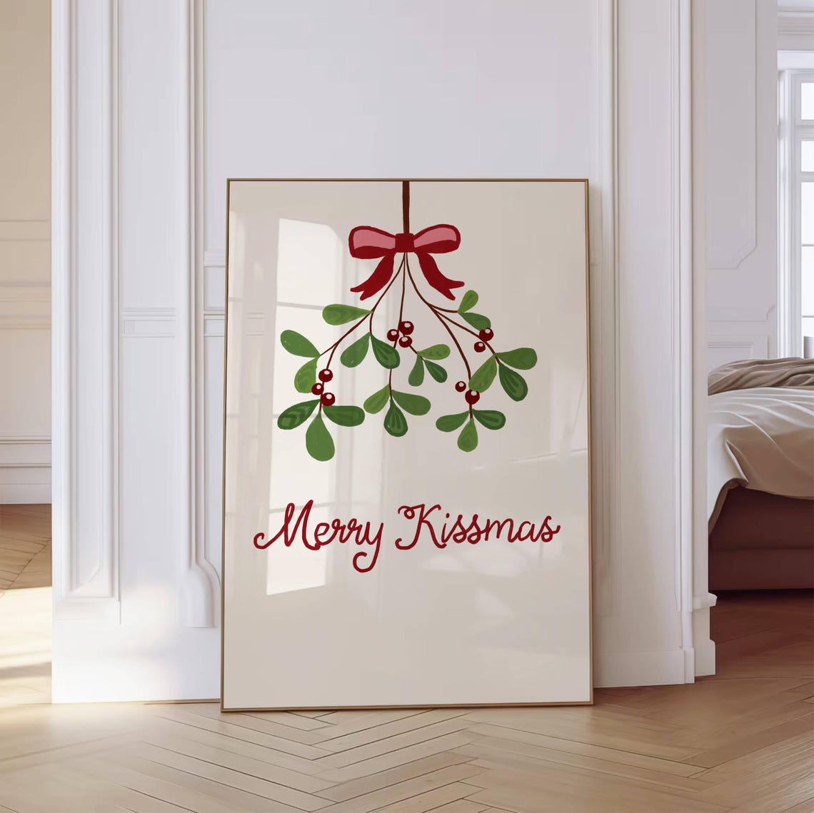 Merry Kissmas Hanging Mistletoe Red Bow Script Christmas Poster - Image 3