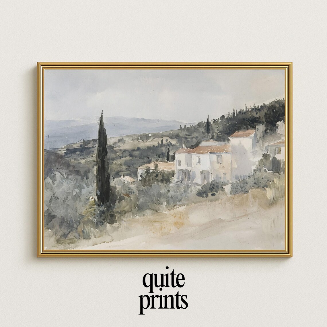 Tuscan Hillside Farmhouse Watercolor Cypress Valley View Rustic Poster
