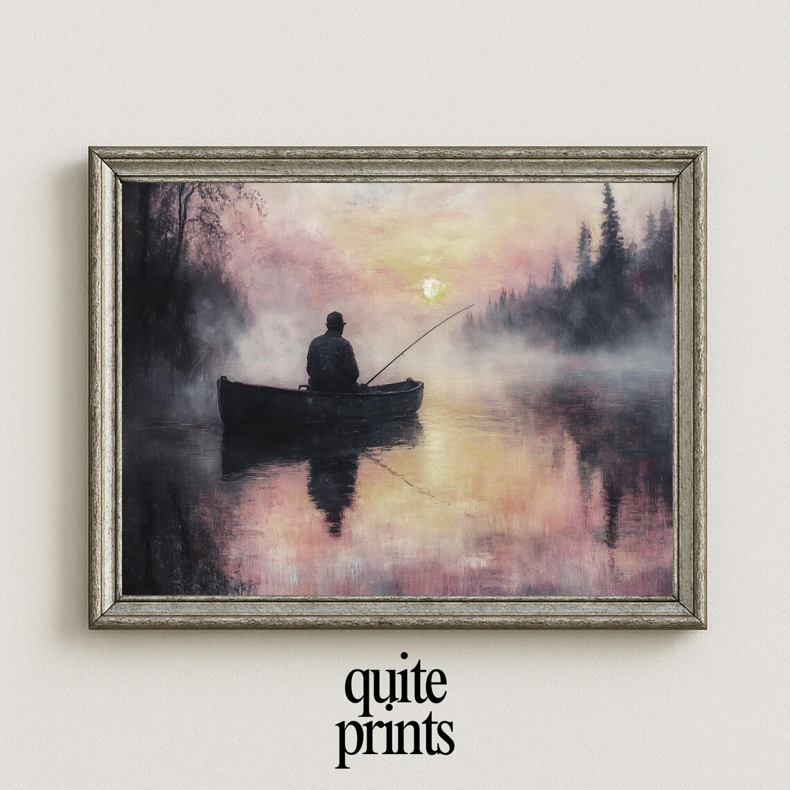 Fisherman Canoe Dawn Pink Misty Sunrise Pine Lake Vintage Poster