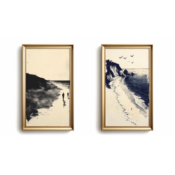 Monochrome Coastal Beach Diptych Vintage Black White Ocean Scene Poster