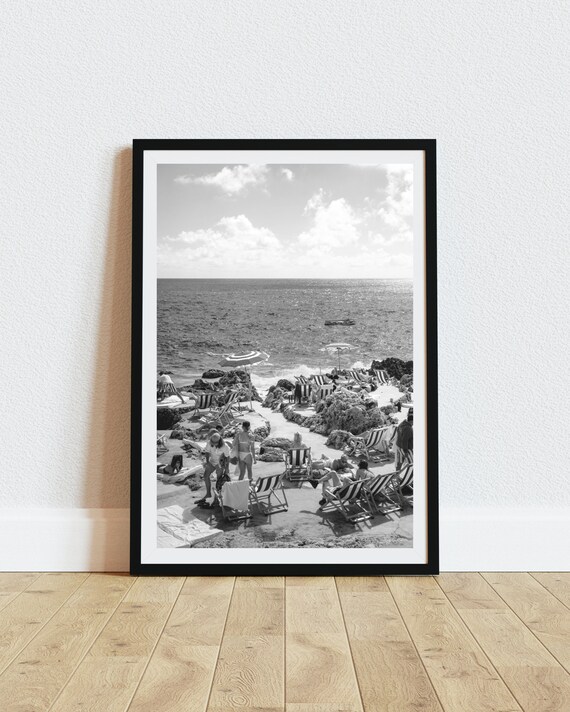 Italian Rocky Beach Sunbathers Black And White Coastal Photo Print