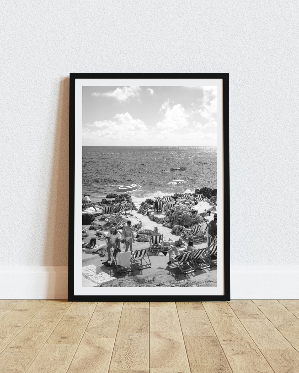 Italian Rocky Beach Sunbathers Black And White Coastal Photo Print