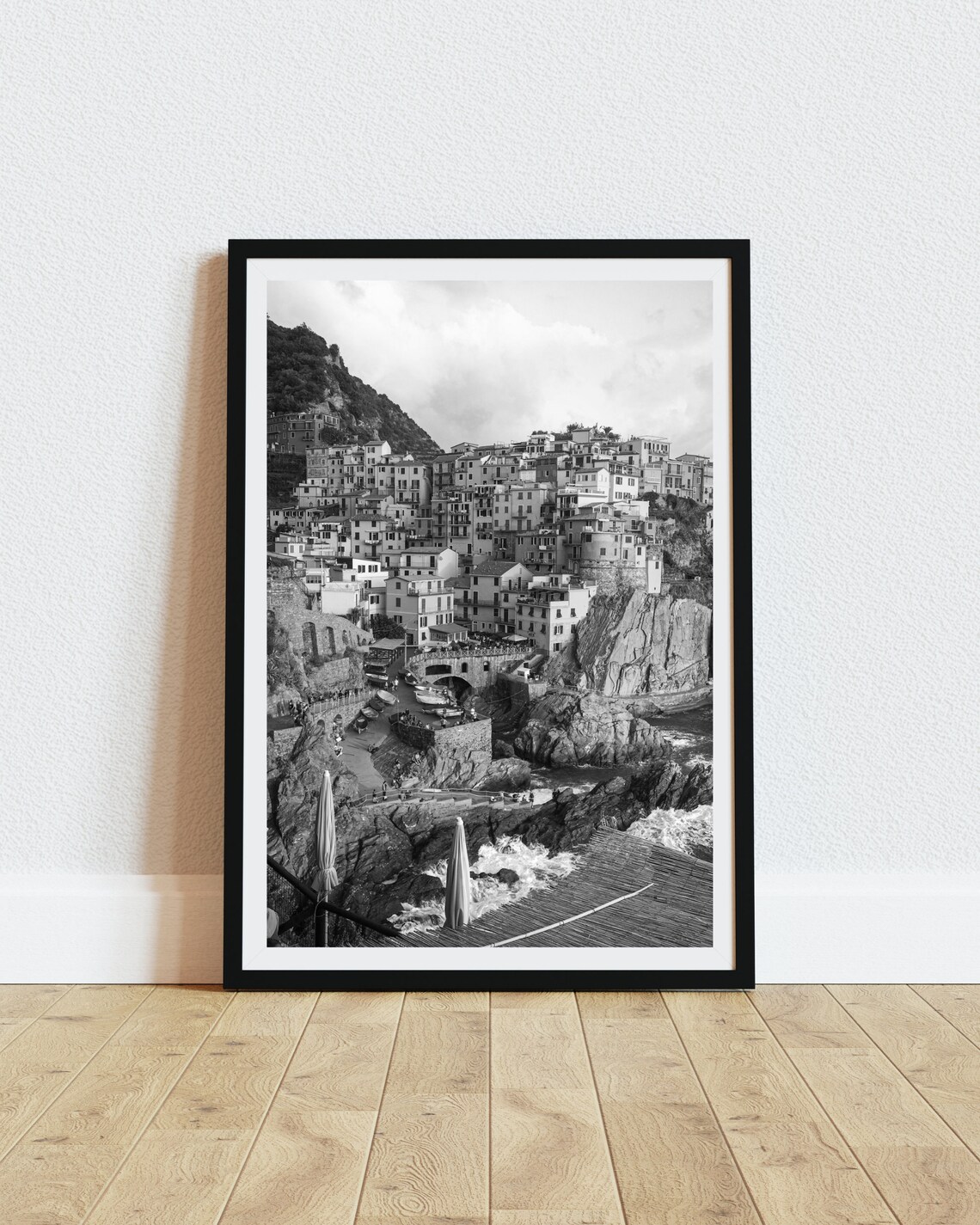 Manarola Cinque Terre Harbor Black And White Italian Photo Poster