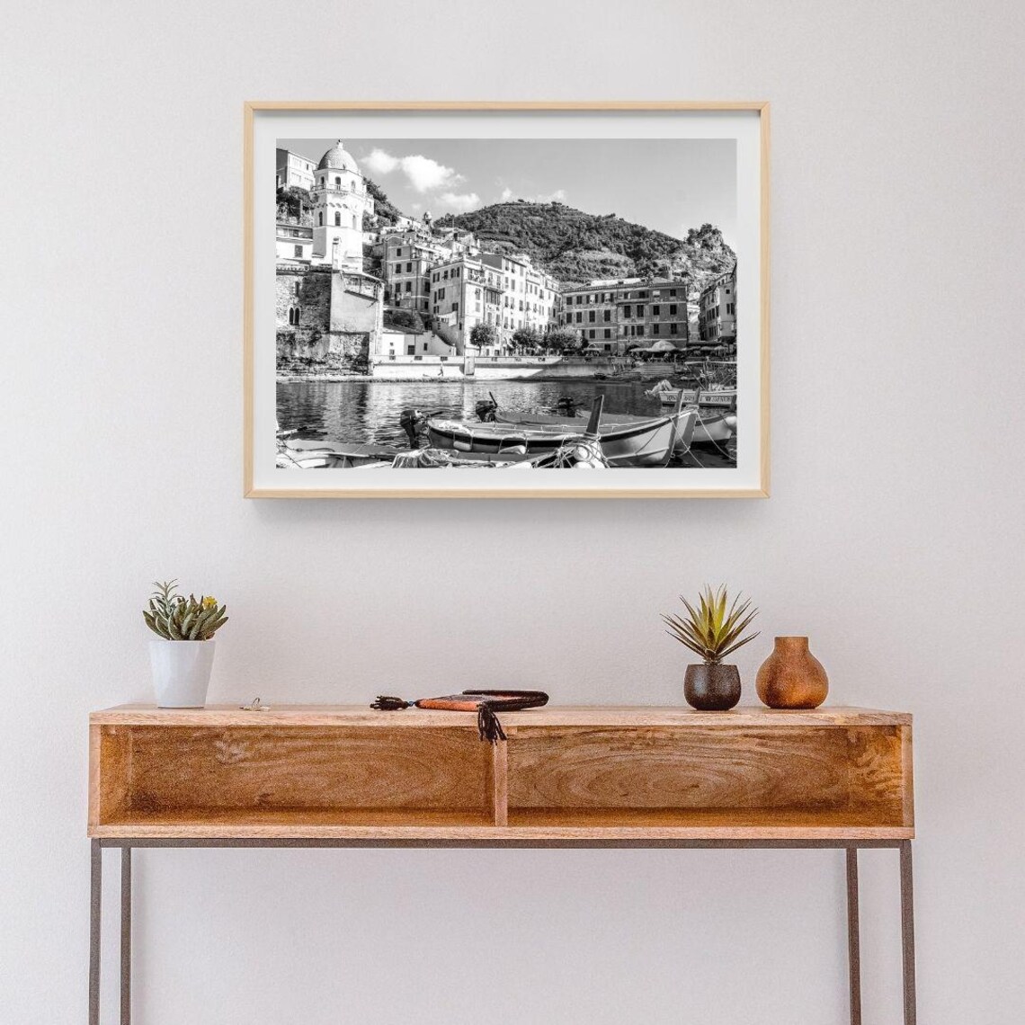 Italian Coastal Village Harbor Boats Black And White Photo Poster - Image 5