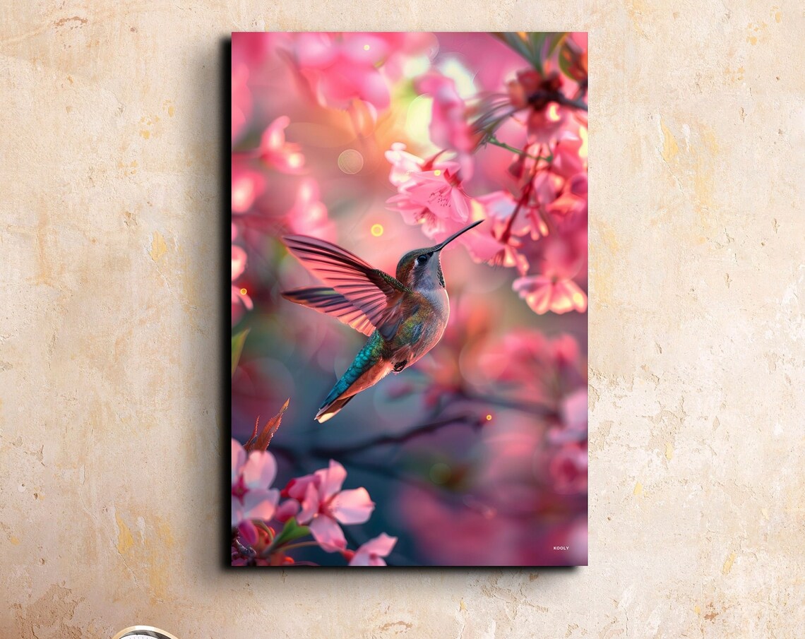 Colorful Hummingbird Hovering Among Pink Cherry Blossoms Poster