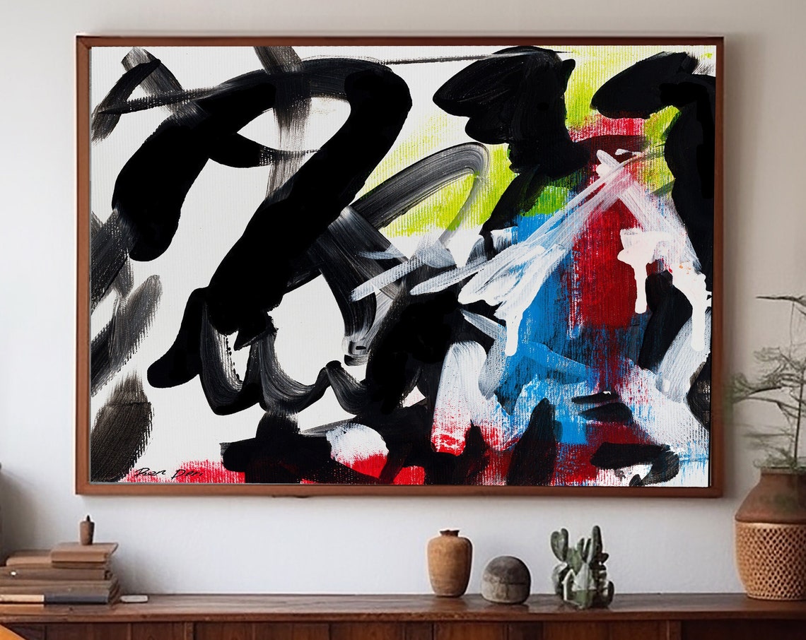 Bold Black Calligraphy Strokes Red Blue Green Abstract Poster