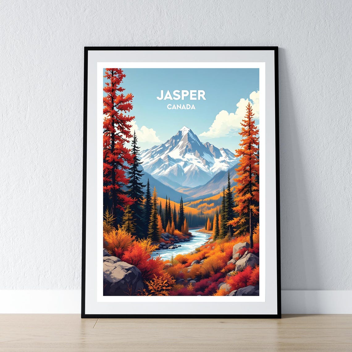 Jasper Canada Autumn Foliage River and Snowy Peak Travel Poster