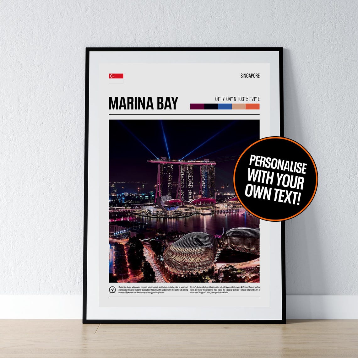Singapore Marina Bay Night Lights Esplanade Coordinates Poster