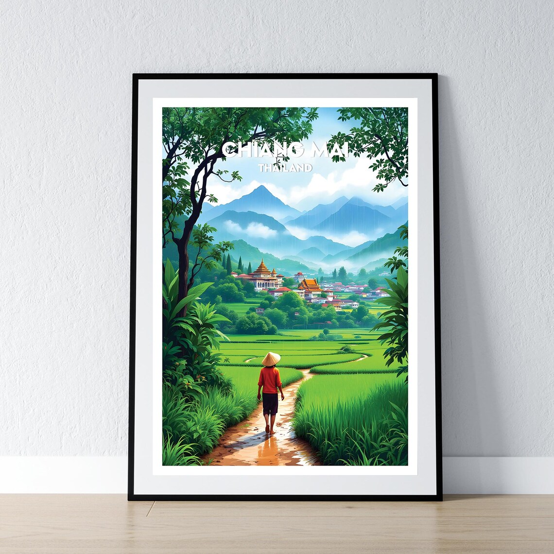Chiang Mai Thailand Rice Fields Temple Mountains Travel Poster