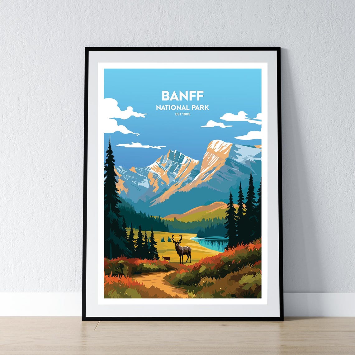 Banff National Park Est 1885 Deer Meadow Mountain Travel Poster