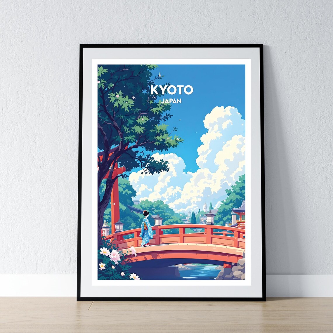 Kyoto Japan Red Torii Bridge Kimono Girl Vintage Travel Art Poster