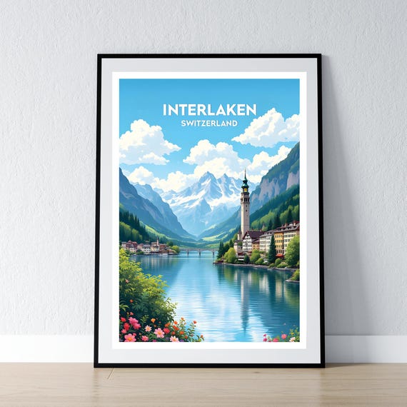 Interlaken Poster Print Switzerland Swiss Alps Wall Art Gift Travel Home Decor Illustration