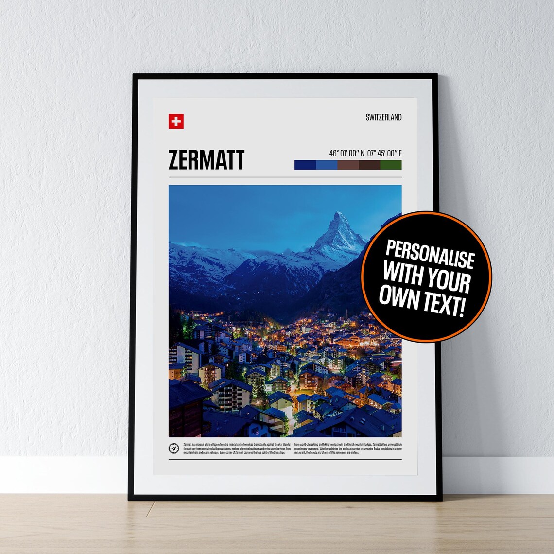 Zermatt Switzerland Matterhorn Night Village Travel Coordinates Poster