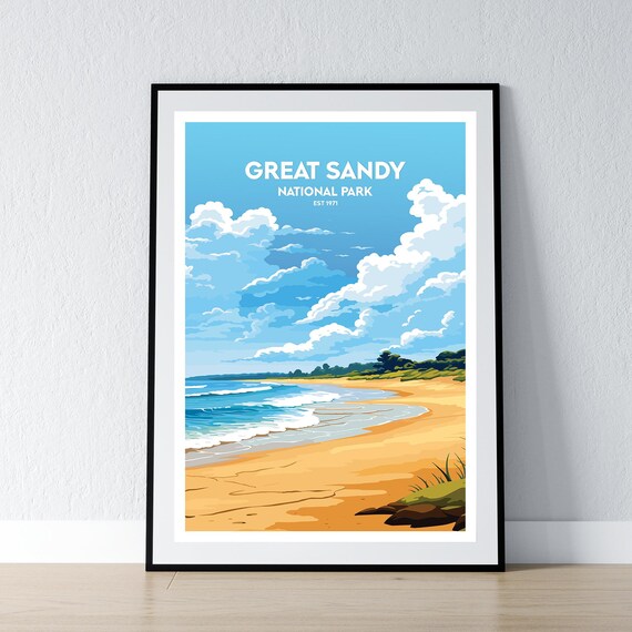 Great Sandy National Park Beach Ocean Waves Vintage Travel Poster
