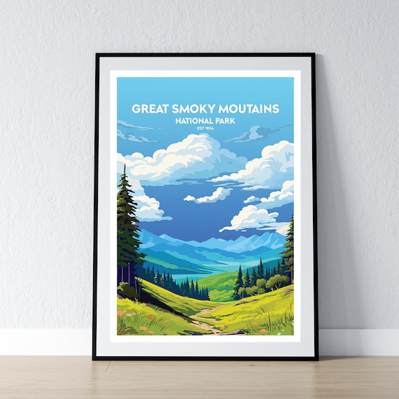 Great Smoky Mountains National Park Est 1934 Vintage Blue Sky Travel Poster