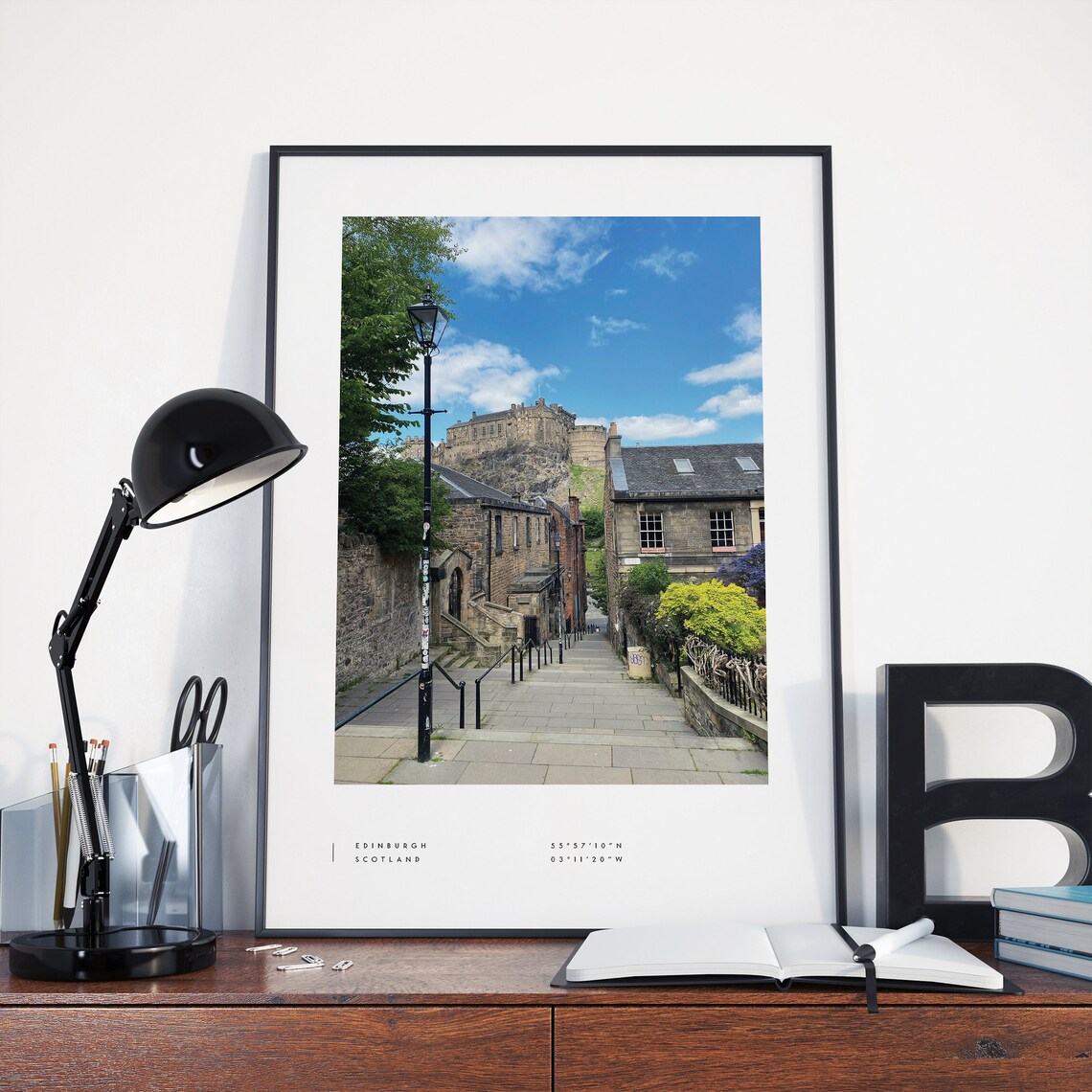 Edinburgh Castle Coordinates Travel Poster, Black White