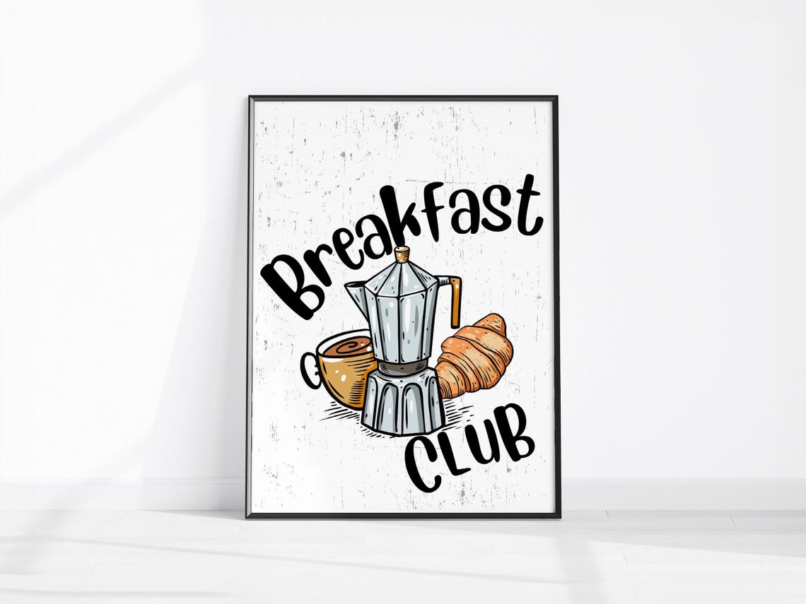 Breakfast Club Moka Pot Coffee Croissant Rustic Kitchen Poster