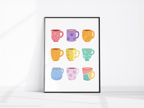 Colorful Teacups Grid Playful Kitchen Coffee Bar Decor Poster