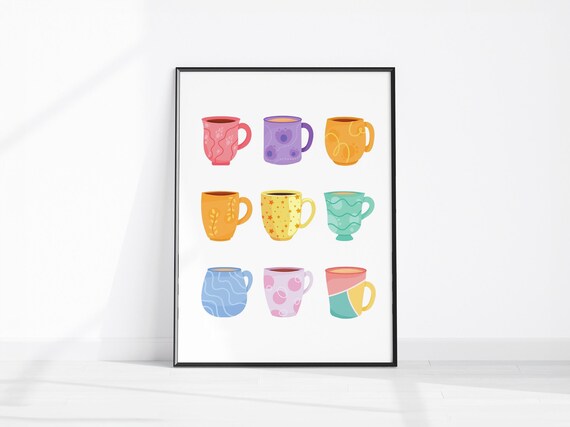 Teacup Print Tea Mug Poster Colourful Kitchen Wall Art Boho Coffee Bar Decor Trendy Cute Home