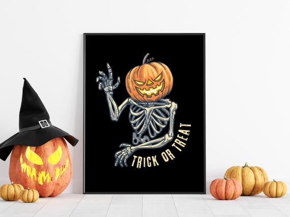 Halloween Trick Or Treat Sign Decor Party Print Skeleton Wall Art Pumpkin Poster Kids Spooky