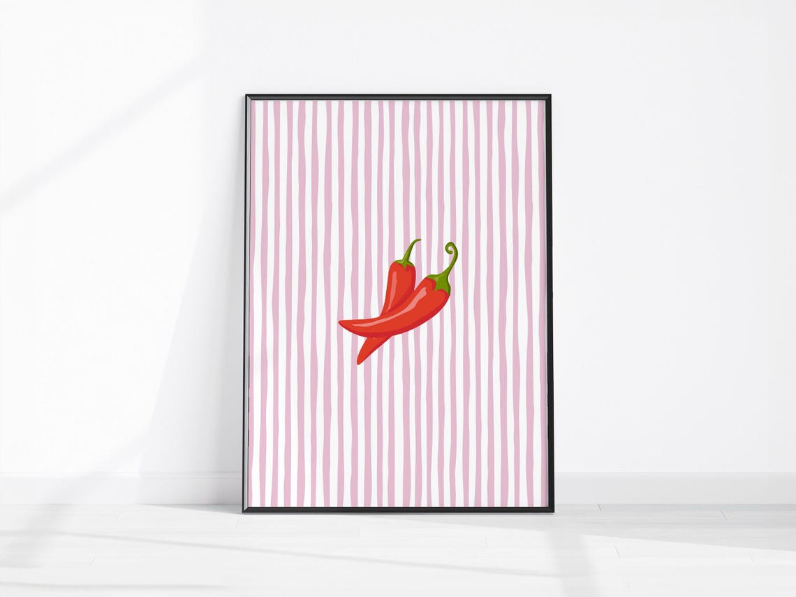 Red Chili Peppers Pink Striped Background Trendy Kitchen Art Poster