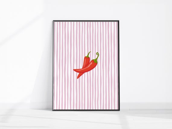 Chilli Print Kitchen Stripe Wall Art Red Pepper Poster Trendy Food Illustration Modern Pink Decor