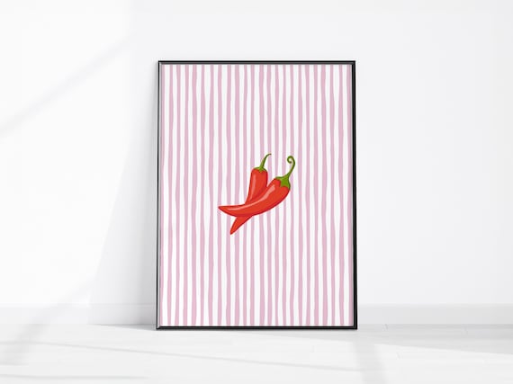 Red Chili Peppers Pink Striped Background Trendy Kitchen Art Poster