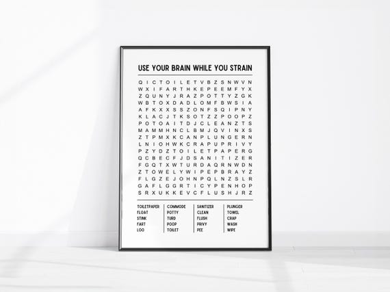 Bathroom Word Search Wall Art Use Your Brain While You Strain Toilet Decor Restroom Puzzle Poster Funny Guest
