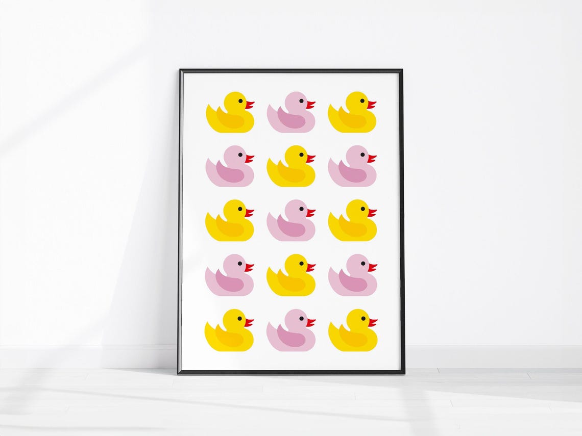 Cute Yellow Pink Rubber Duck Grid Kids Bathroom Nursery Poster