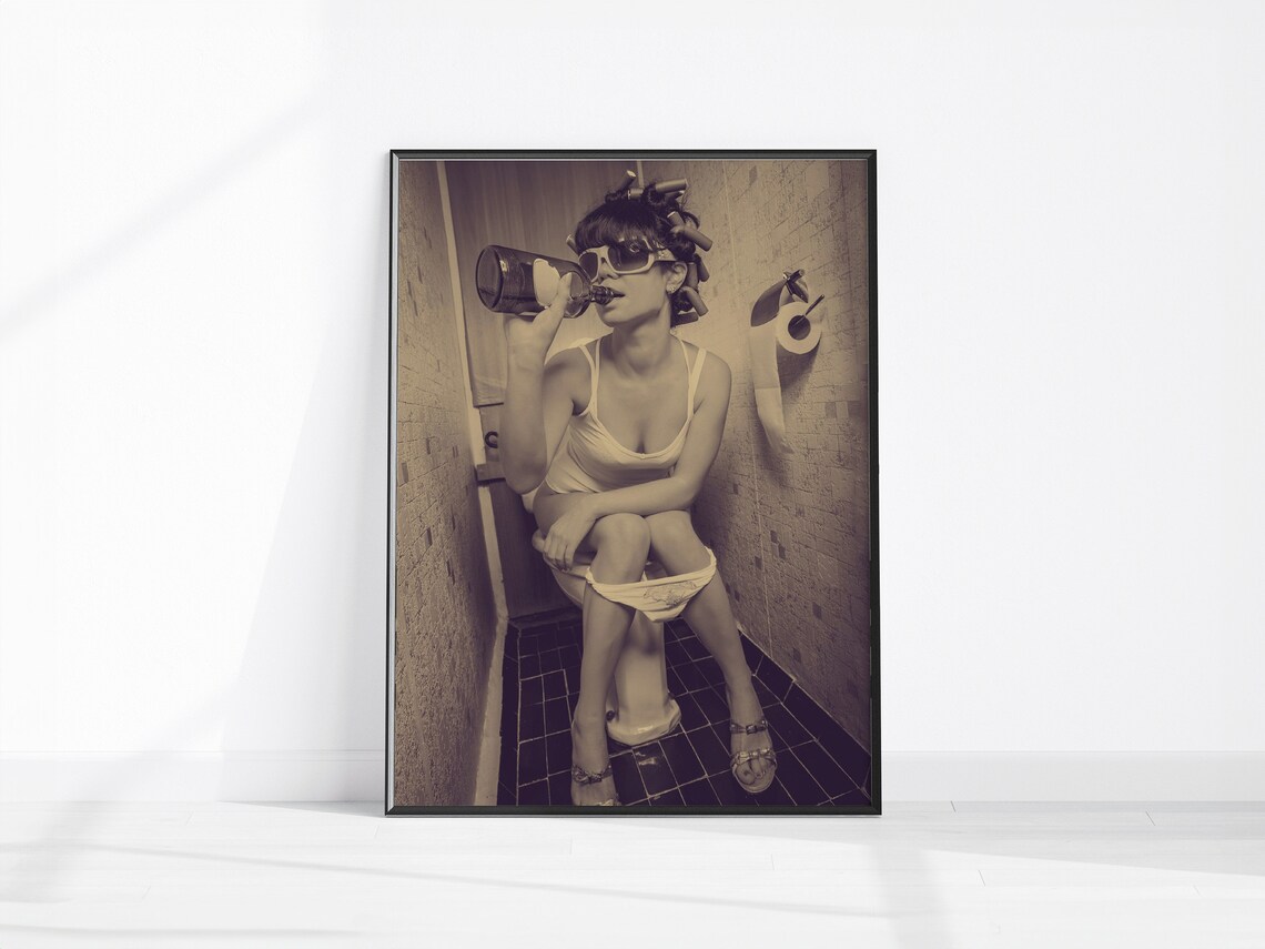 Woman Drinking On Toilet Sepia Retro Funny Bathroom Photo Poster