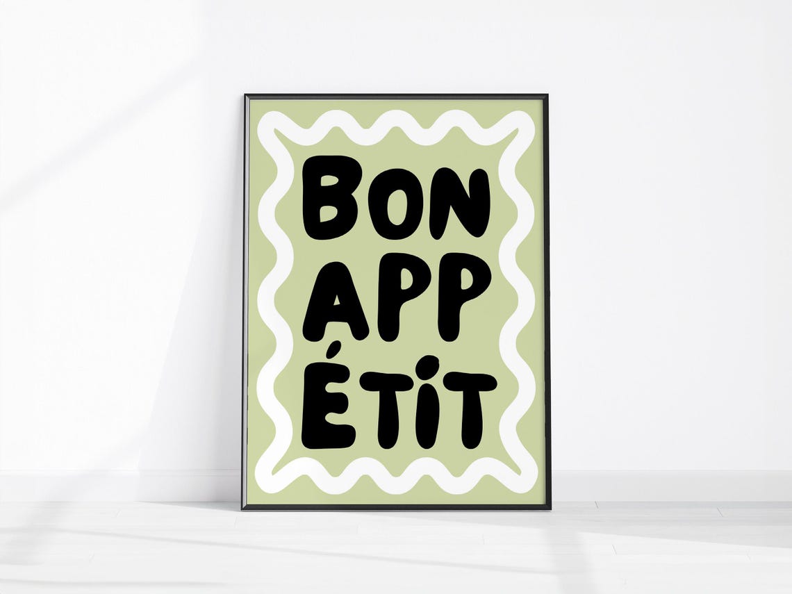 Bon Appetit French Kitchen Quote Typography Sage Green Poster