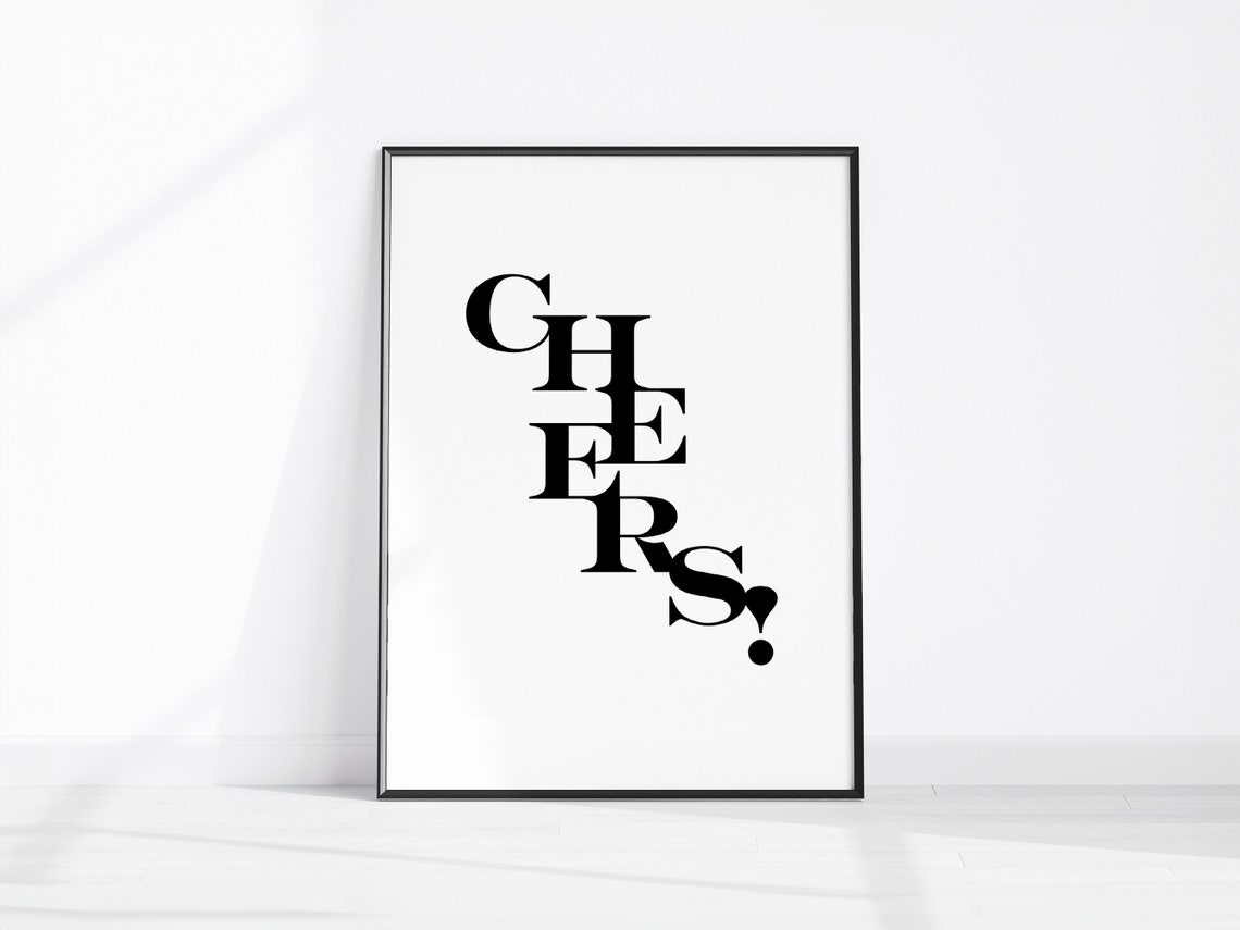 Cheers Stacked Serif Letters Minimalist Bar Cart Wall Decor Poster
