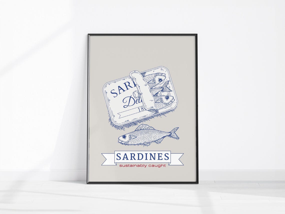 Sardines In A Vintage Tin Blue Sketch Retro Kitchen Decor Poster