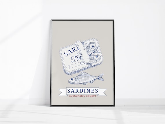 Sardines In A Vintage Tin Blue Sketch Retro Kitchen Decor Poster