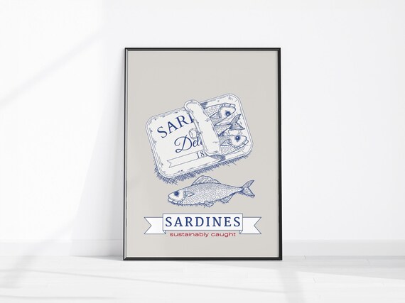 Sardines In A Vintage Tin Print Kitchen Decor Wall Art Blue Sardine Canned Fish Poster Retro