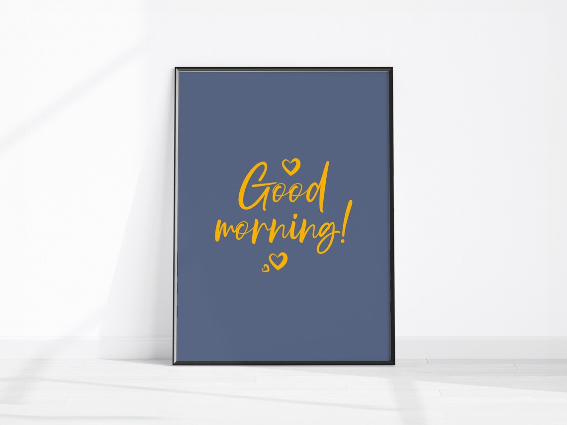 Good Morning Yellow Script With Hearts on Navy Blue Minimal Quote Poster