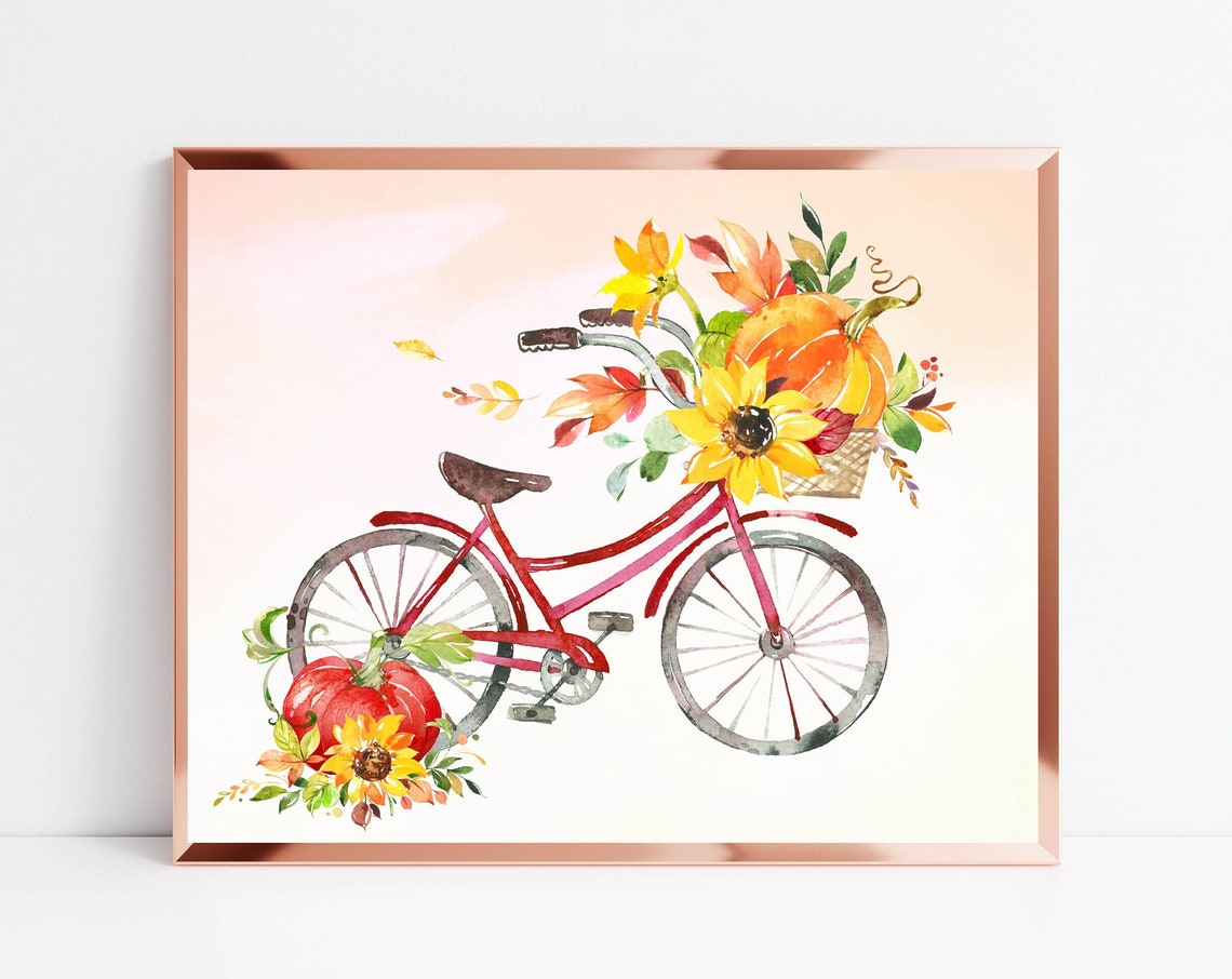 Red Bicycle With Sunflowers And Pumpkins Fall Watercolor Poster