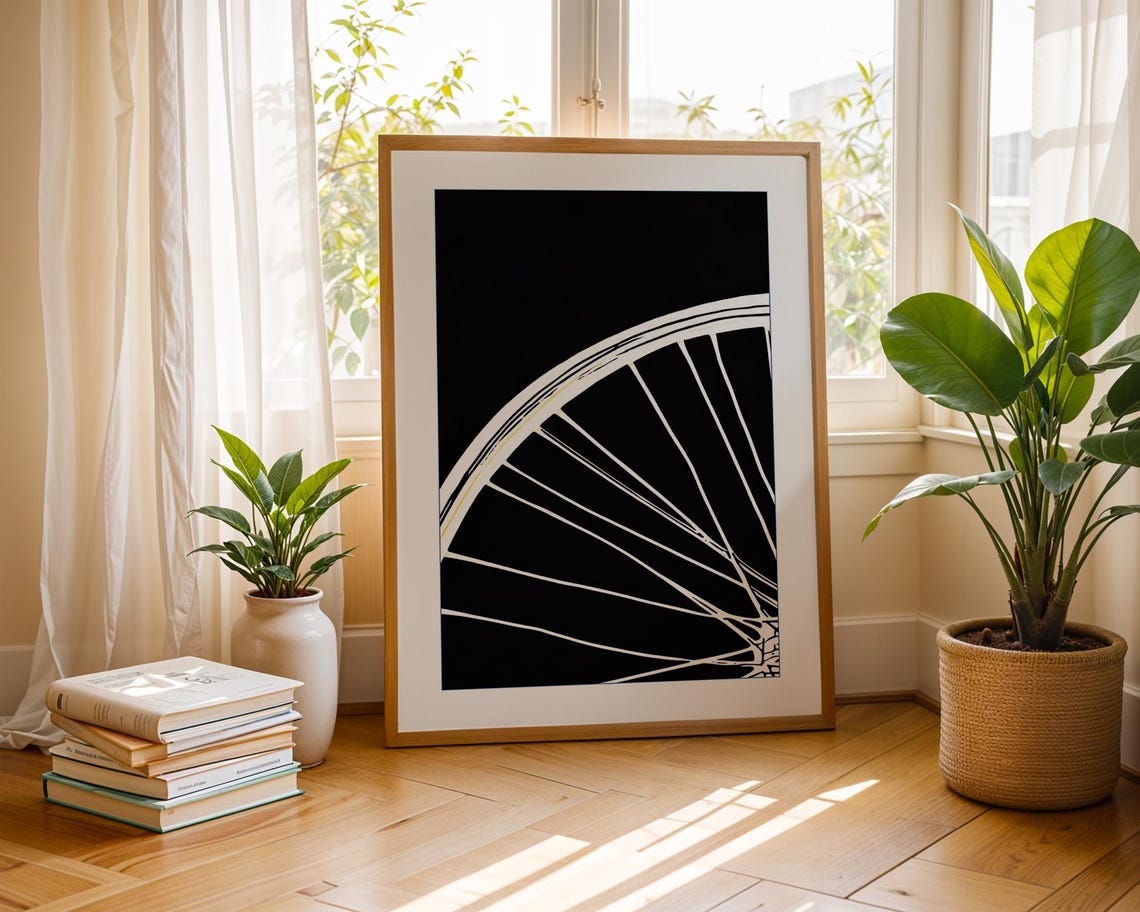 Minimalist Bicycle Wheel Line Art, Cycling Sketch