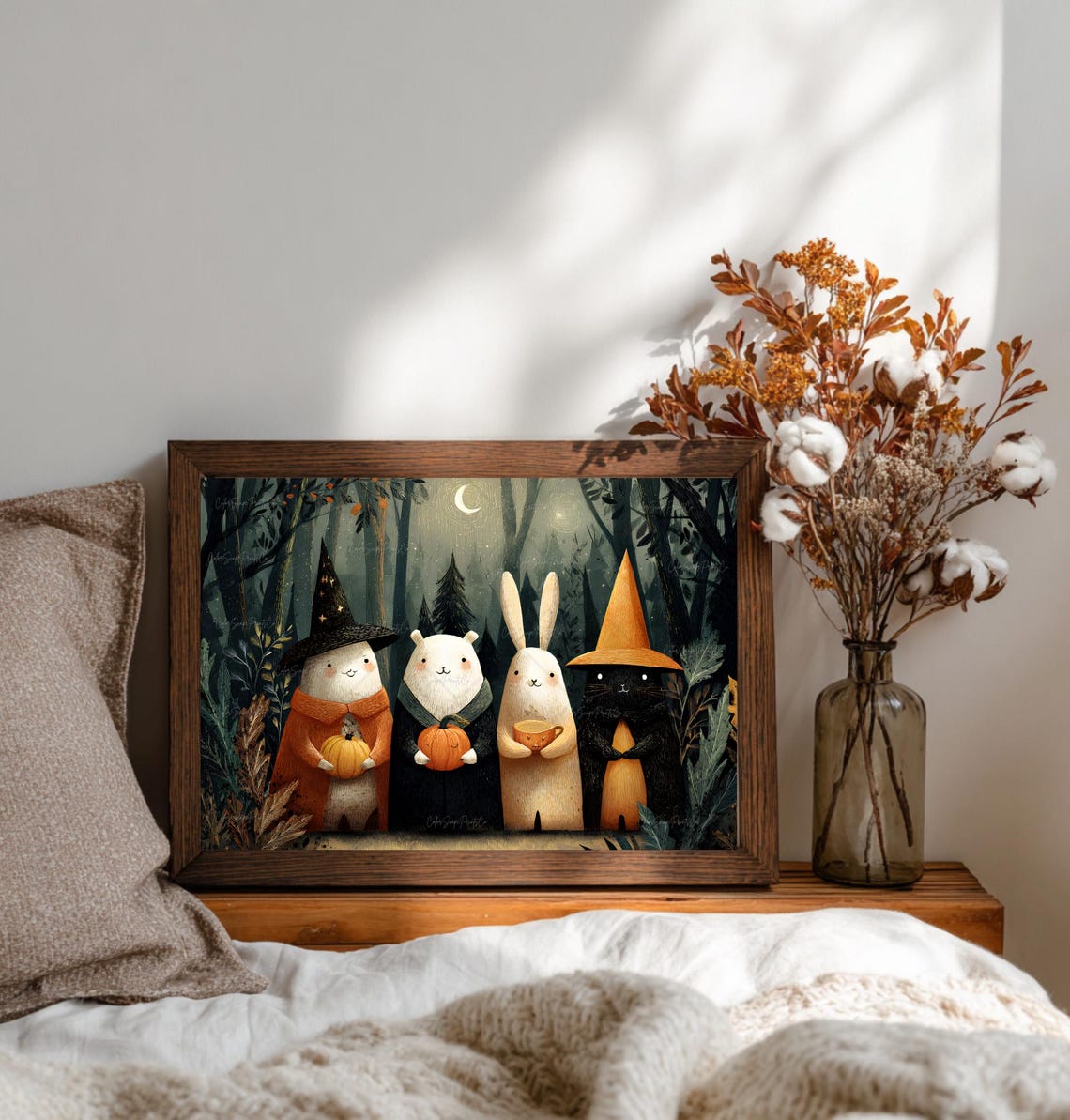 Whimsical Halloween Animal Wall Art Print Trick Or Treat Spooky Illustration Fall Forest Kids Room Decor