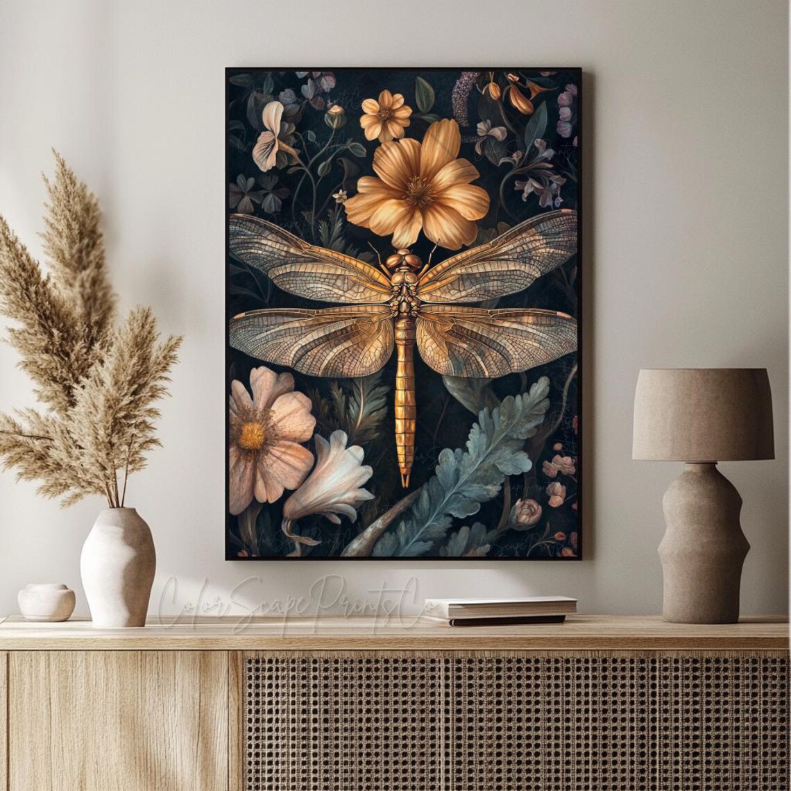 Golden Dragonfly William Morris Style Dark Floral Poster Art - Image 2