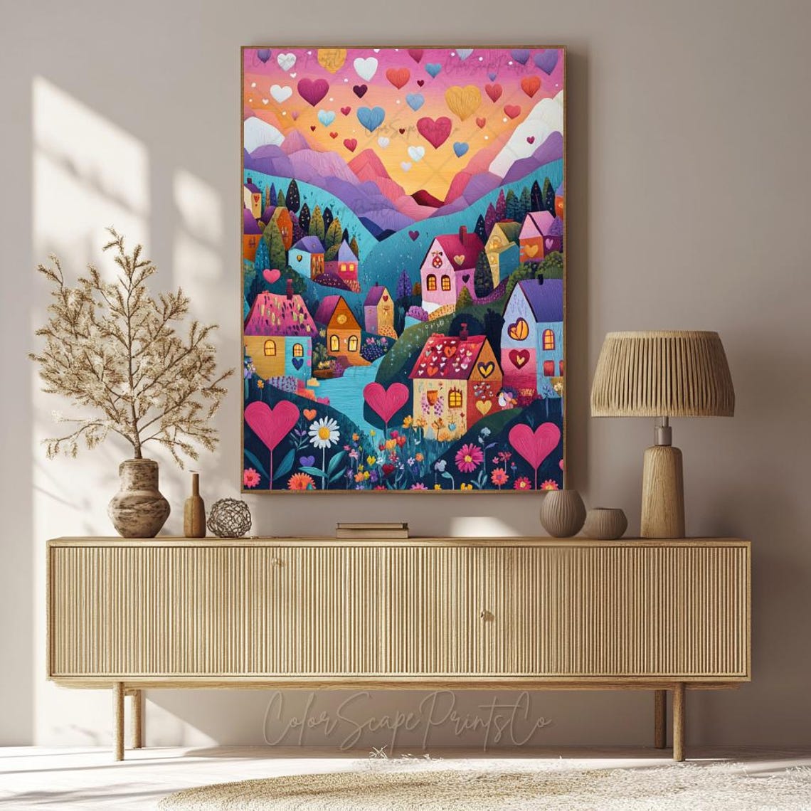 Valentine Village with Floating Hearts Sunset Mountain Painting Poster - Image 2