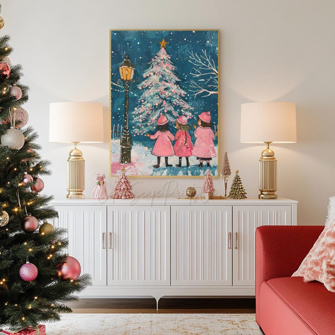 Christmas Carolers Print Caroling Girls Cozy Christmas Print Christmas Children Christmas Village Christmas Lantern Print Pink Winter Print - Image 2